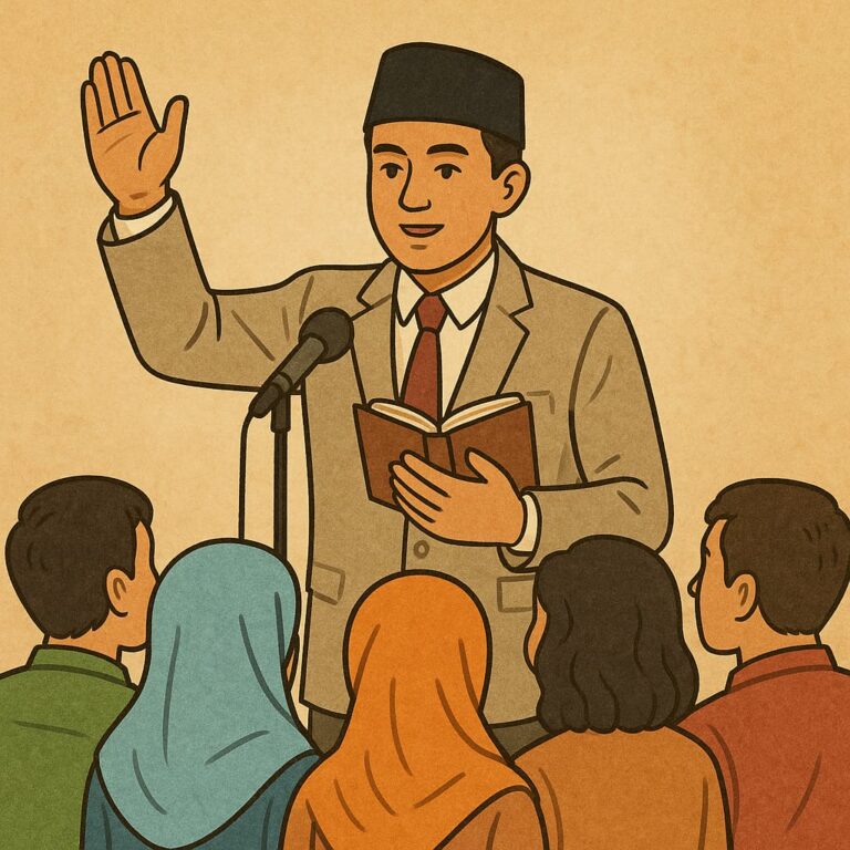 "Ilustrasi seorang pemimpin amanah sedang menyampaikan nasihat di depan jamaah sesuai hadis tentang kepemimpinan yang adil dan bertanggung jawab."
