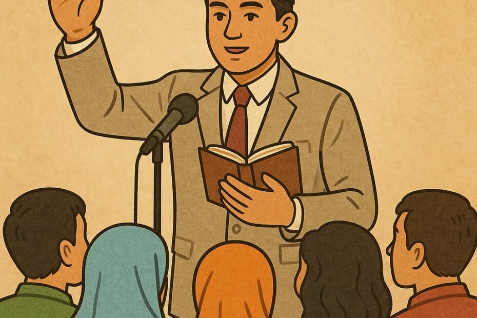 "Ilustrasi seorang pemimpin amanah sedang menyampaikan nasihat di depan jamaah sesuai hadis tentang kepemimpinan yang adil dan bertanggung jawab."